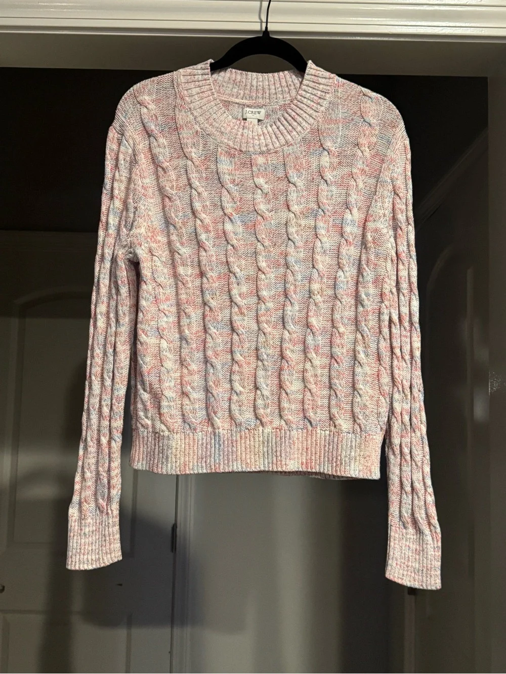 J. Crew Women’s Cable Knit Marled Cotton Blend Crewneck Sweater Pink Blue L